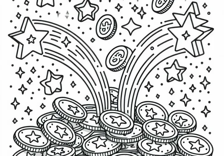 Golden stars fall from the sky and turn into coins - Coloring page of Star Money