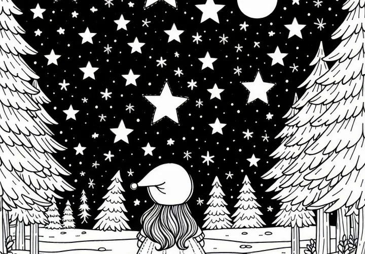 The girl stands alone in the forest under the starry sky – Free coloring page of Star Money