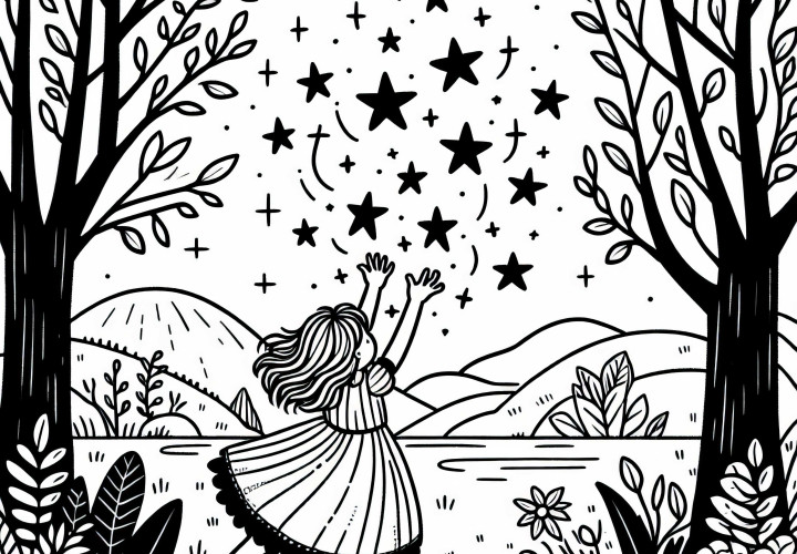 Gadis itu menangkap bintang-bintang dalam gaunnya – Gambar untuk diwarnai Sterntaler gratis