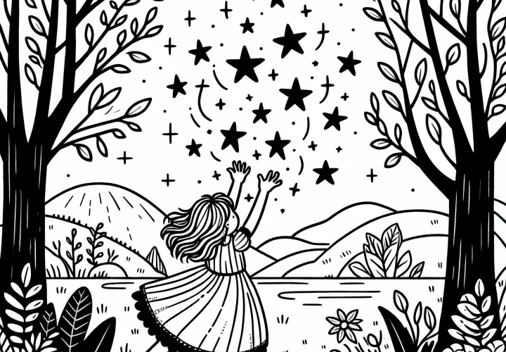 The girl catches the stars in her dress – Free coloring page of Sterntaler