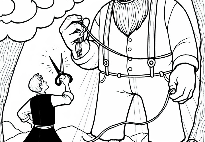 The tailor fights against a giant – Free fairytale coloring page