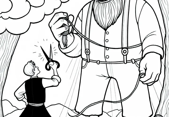 Šivilj se bori proti velikanu – Barvna predloga pravljice brezplačno