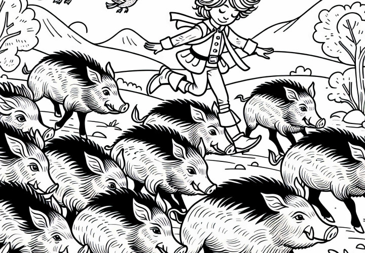 The tailor outsmarts a wild boar horde - Free fairy tale coloring page