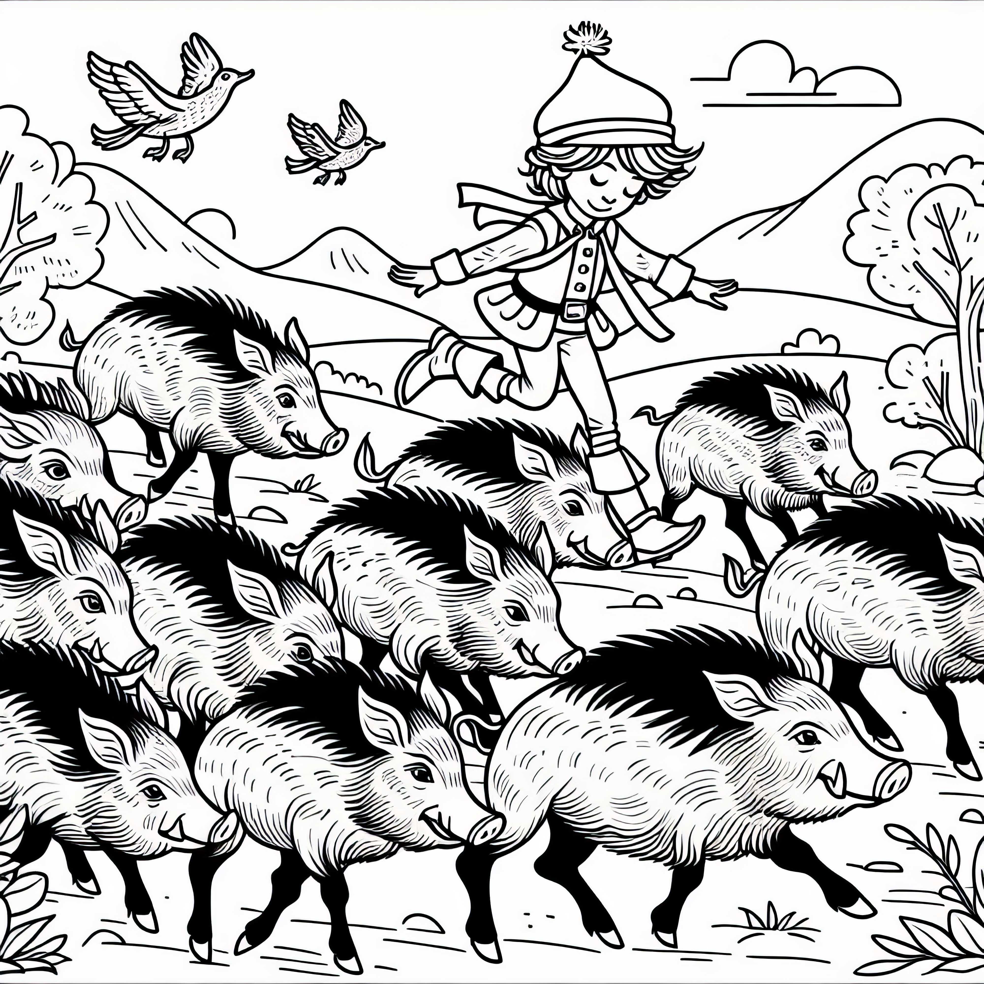 The tailor outsmarts a wild boar horde - Free coloring page fairy tale
