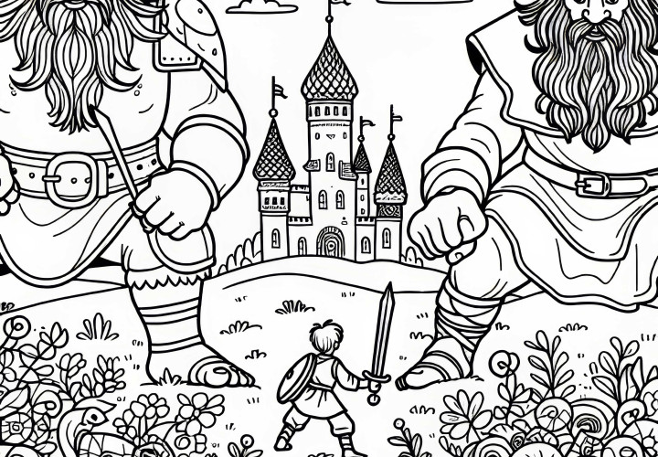 The Brave Little Tailor defeats two giants - Free fairy tale coloring page