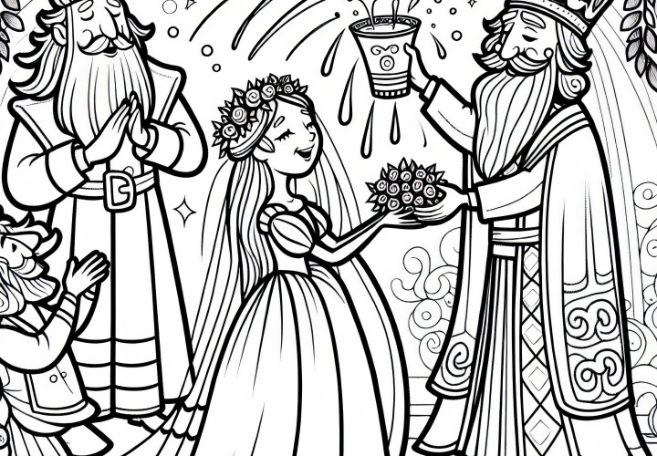 The brave little tailor marries the princess: Coloring page for fairy tale lovers