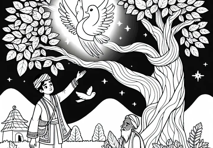 Boy discovers the golden bird in the tree – Coloring page Fairy Tale The Golden Bird