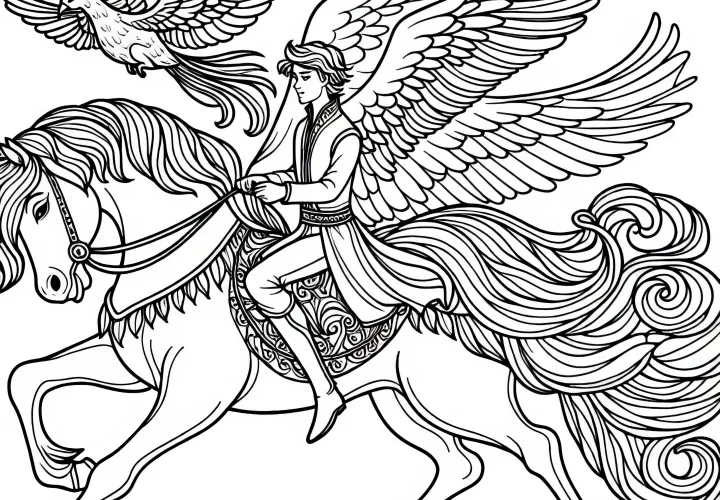 Jungling rides off with the horse and bird – coloring page from the fairy tale The Golden Bird