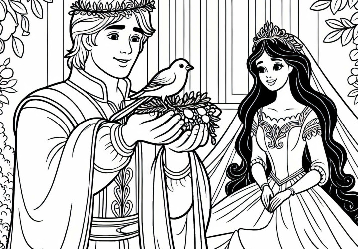 Ungdom återvänder med fågeln och gifter sig med prinsessan – Målarbild Saga Den gyllene fågeln