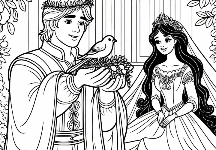 The young man returns with the bird and marries the princess – Coloring page fairy tale The Golden Bird