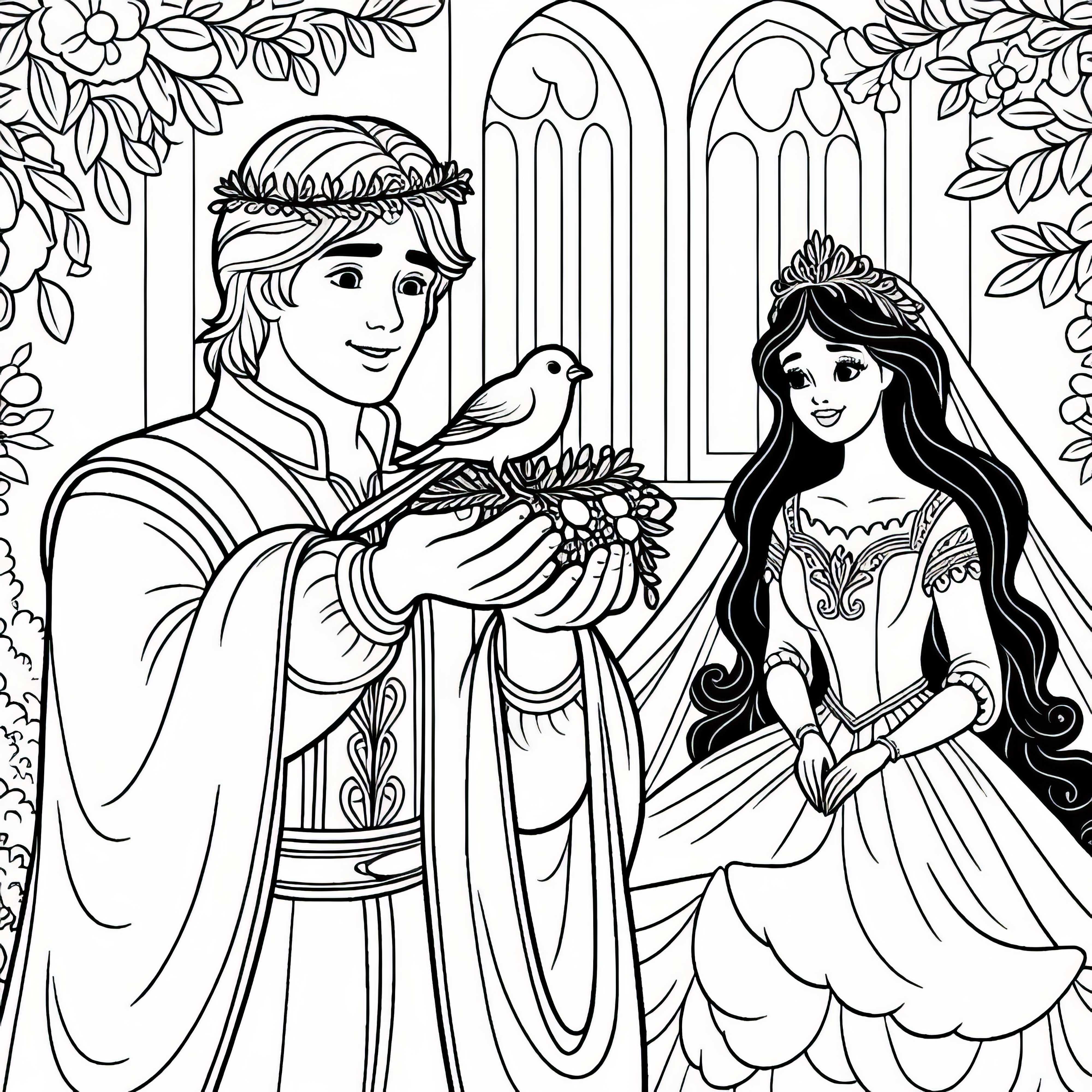 Ungdom återvänder med fågeln och gifter sig med prinsessan – Målarbild saga Den gyllene fågeln