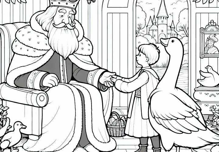 King gives simpleton tasks – Coloring page The Golden Goose