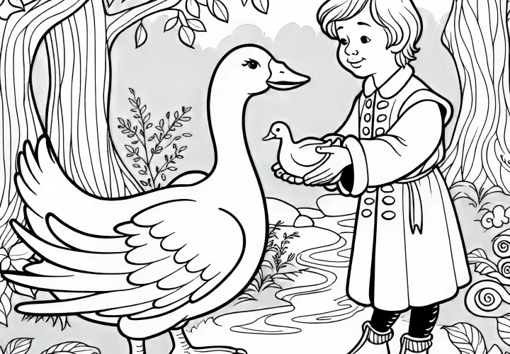 Dummling Receives the Golden Goose – Coloring Page for Fairy Tale Lovers Free of Charge