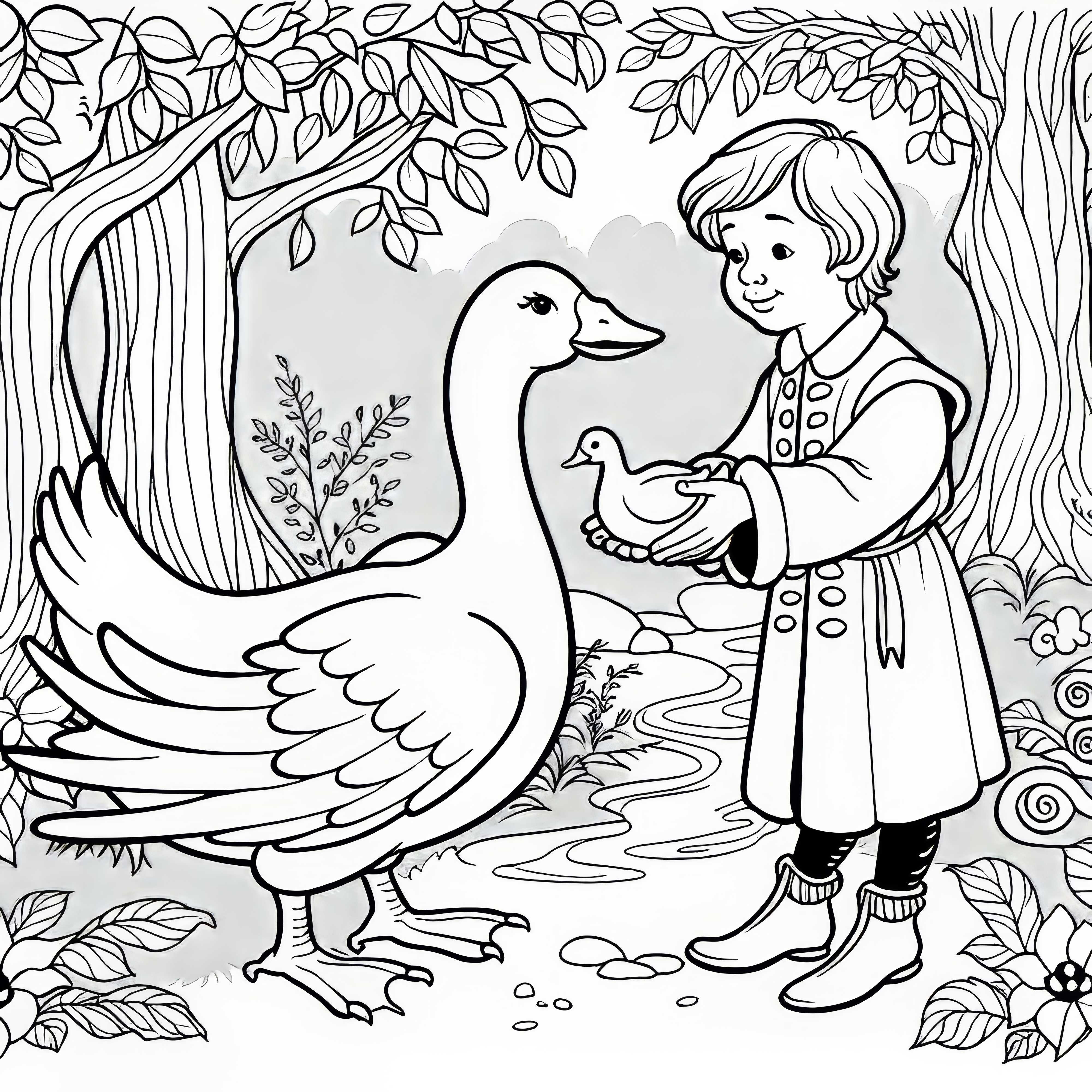 Dummling erhält die goldene Gans – Ausmalbild für Märchenfreunde kostenlos