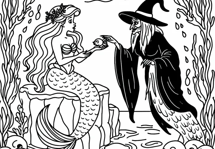 The little mermaid exchanges her voice for legs with the sea witch - coloring page fairy tale