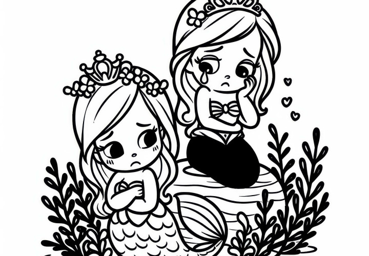 Putri duyung kecil mengamati dengan sedih saat pangeran mencintai yang lain - Gambar untuk diwarnai dongeng