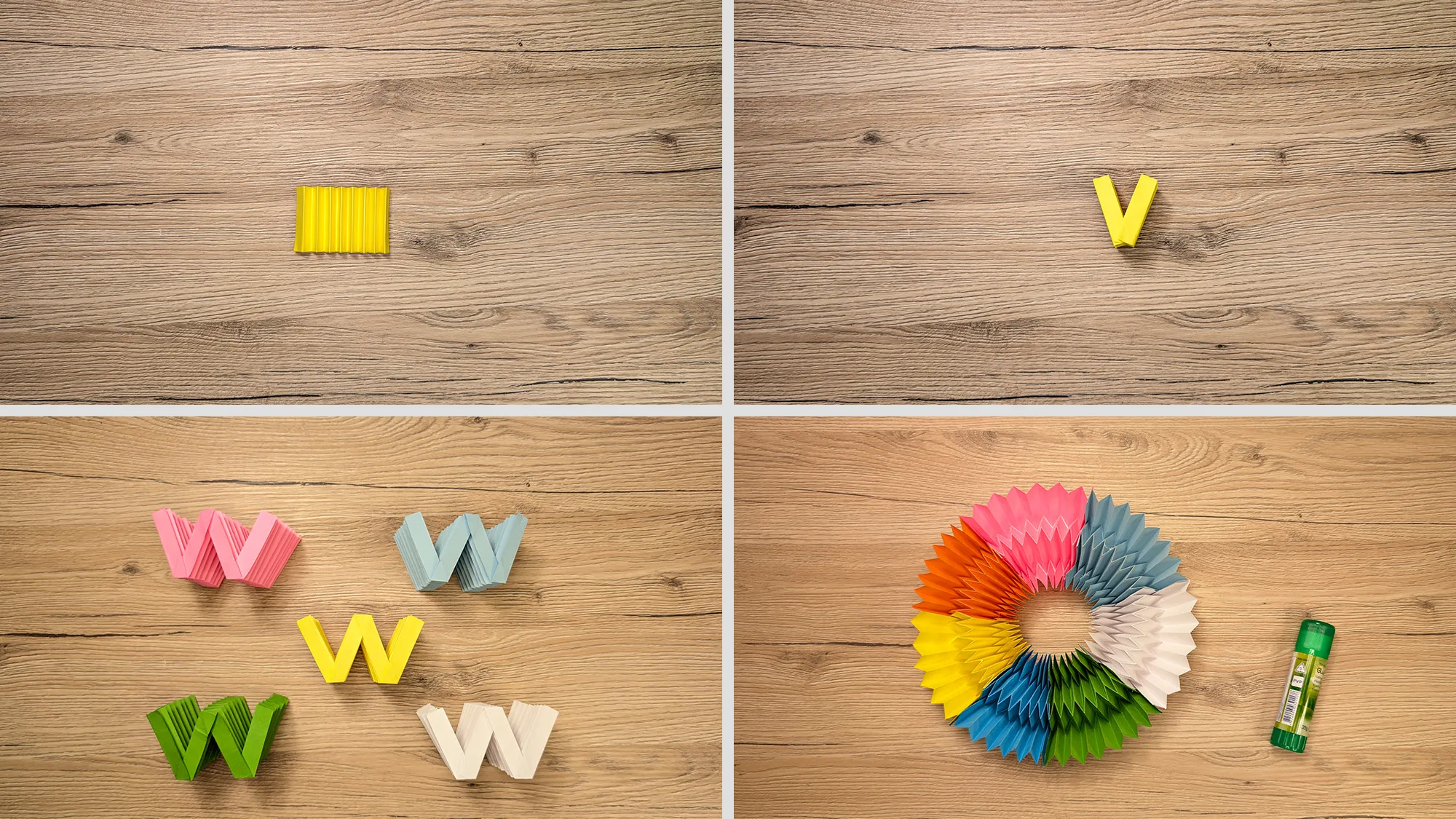 unendliches-papier-rad-basteln-schritt-6.jpg Unendliches Papier-Rad Schritt 6: Sieben W-förmige Elemente mit Klebestift übereinander kleben