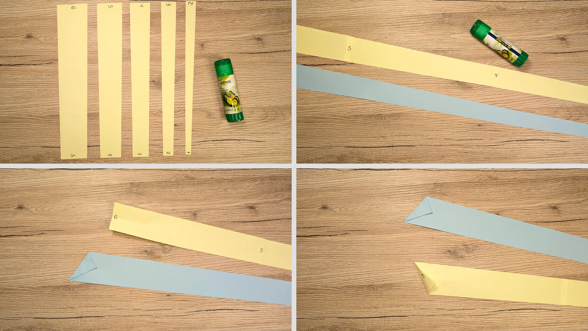 twist-permainan-mainan-membuat-langkah-2.jpg Mainan putar dari kertas Langkah 2: Lekatkan strip kertas berwarna menjadi pita panjang, lipat sudutnya