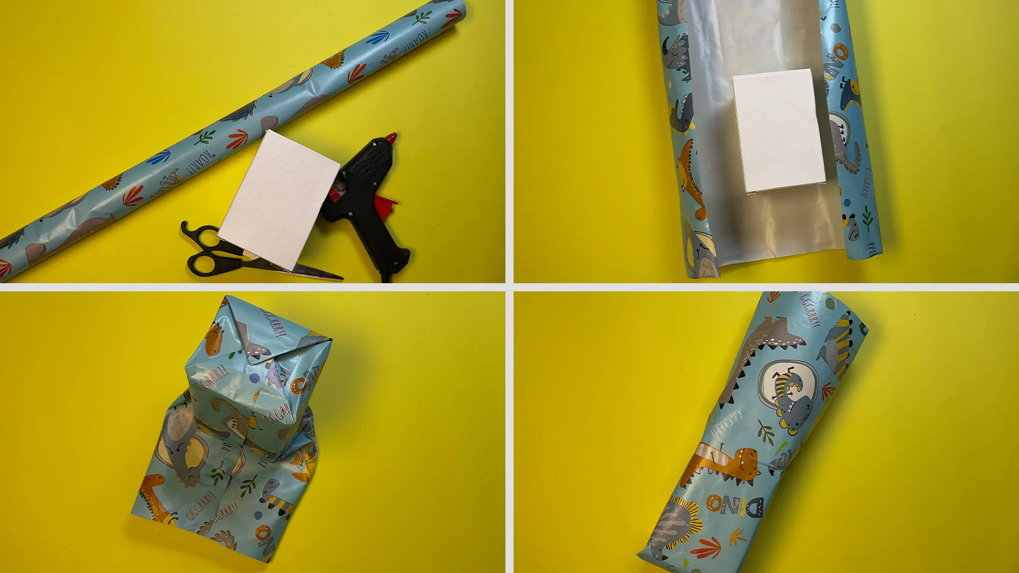 diy-dinosaurier-verpackung-aus-papier-schritt-1.jpg Dinosaurier-Verpackung aus Papier Schritt 1: Geschenk in Papier einwickeln und festkleben