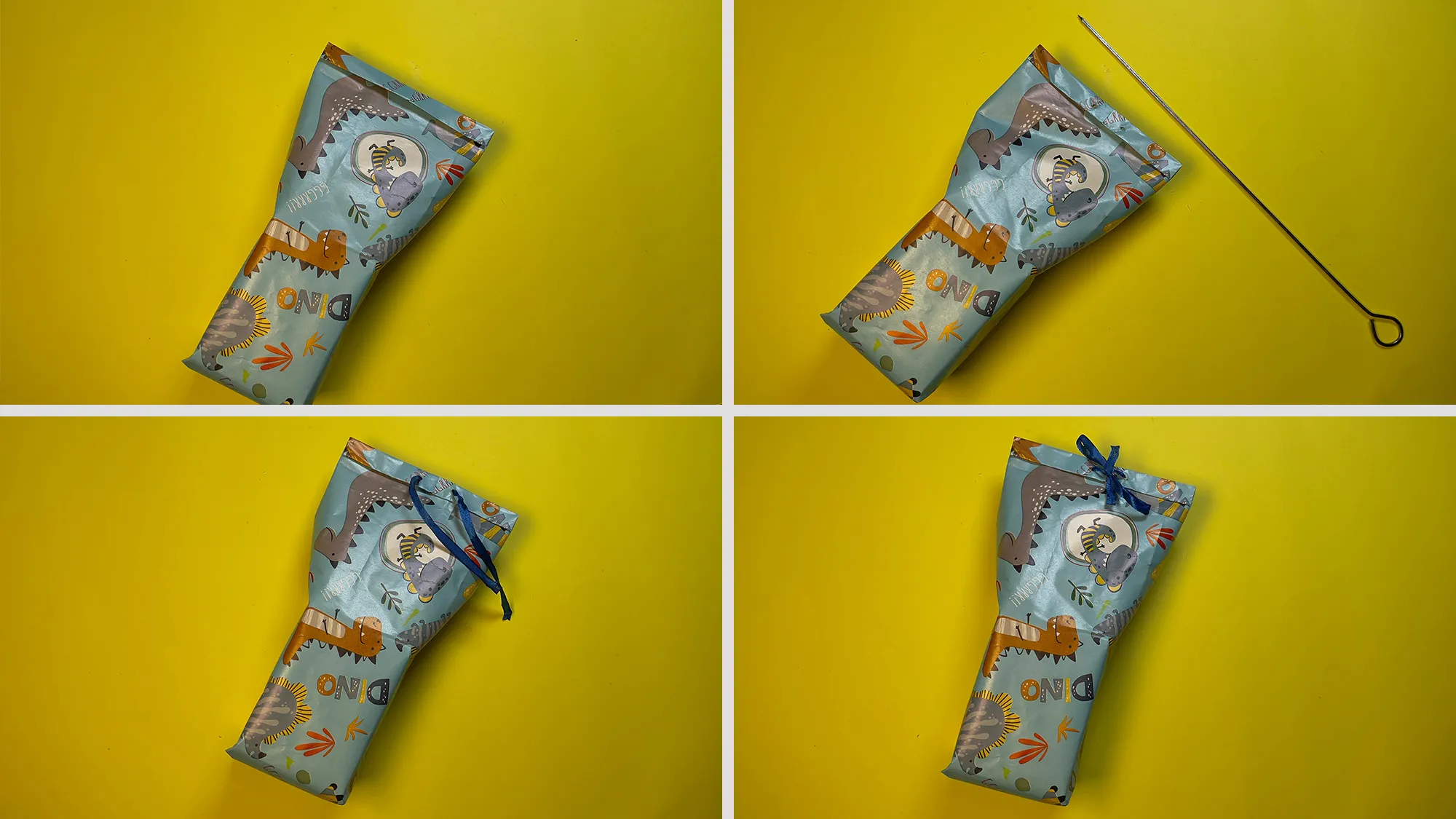 diy-dinosaurier-verpackung-aus-papier-schritt-2.jpg Dinosaurier-Verpackung aus Papier Schritt 2: Löcher ins Papier stanzen und Band durchziehen