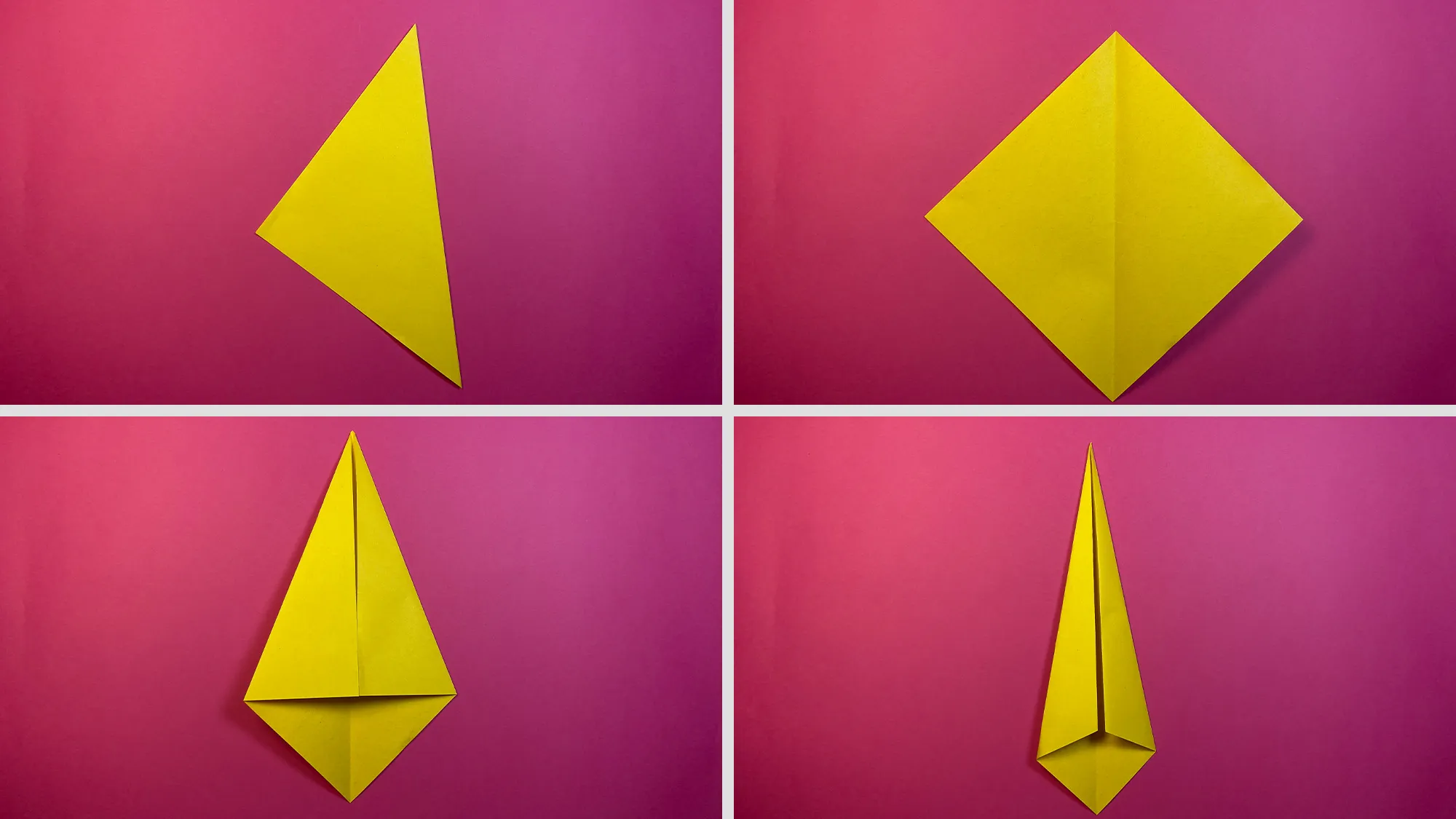 Papierflieger basteln Schritt 2: Papier zum Dreieck falten und Ecken zur Mitte knicken