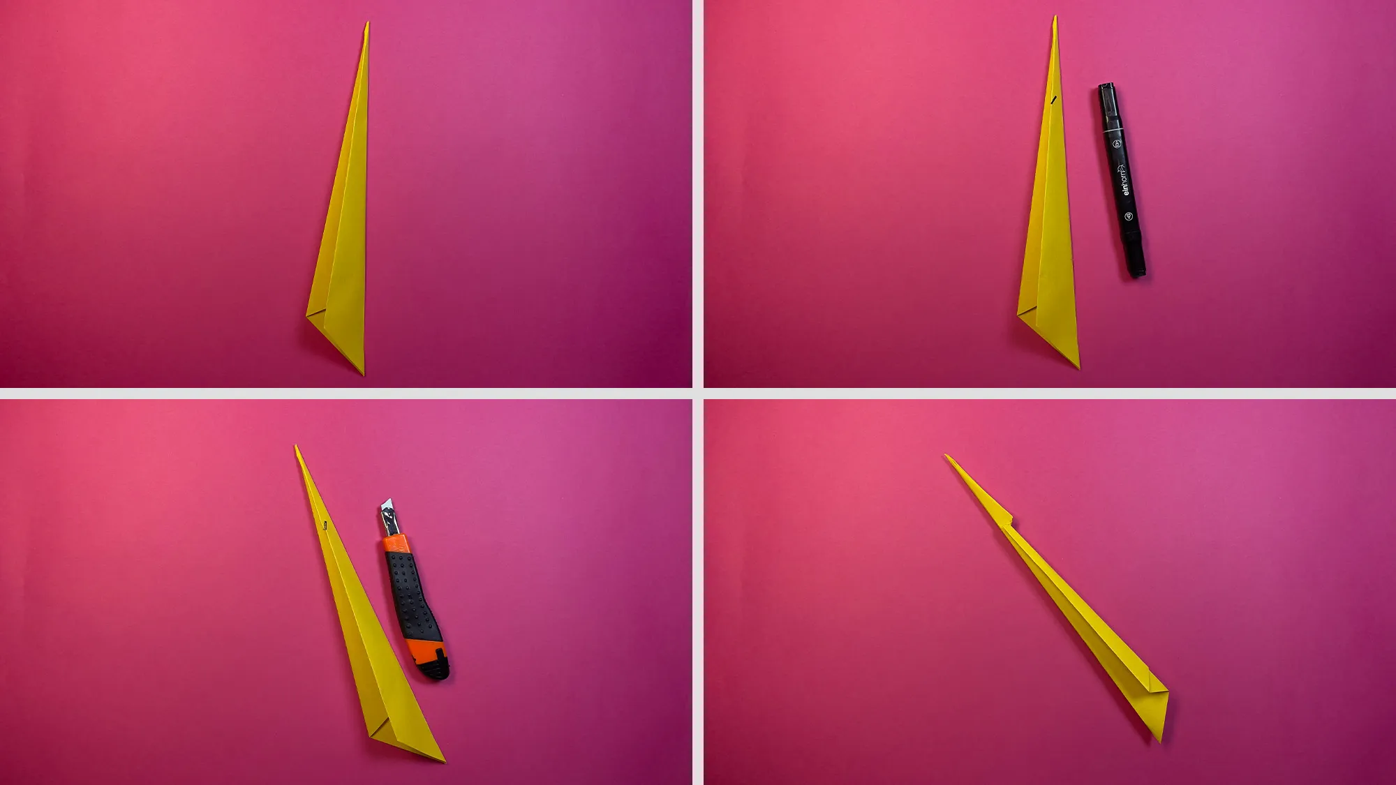 Papierflieger basteln Schritt 3: Form zusammenfalten, einschneiden und Flügel nach außen klappen