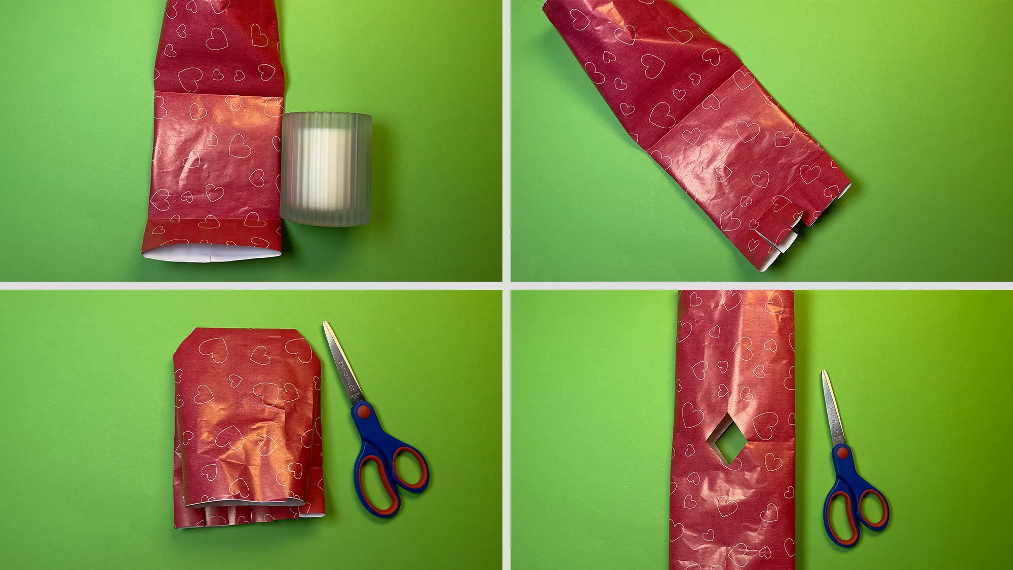 Kerze als Geschenk verpacken Schritt 2: Papierrolle falten und Einschnitte an Rändern machen