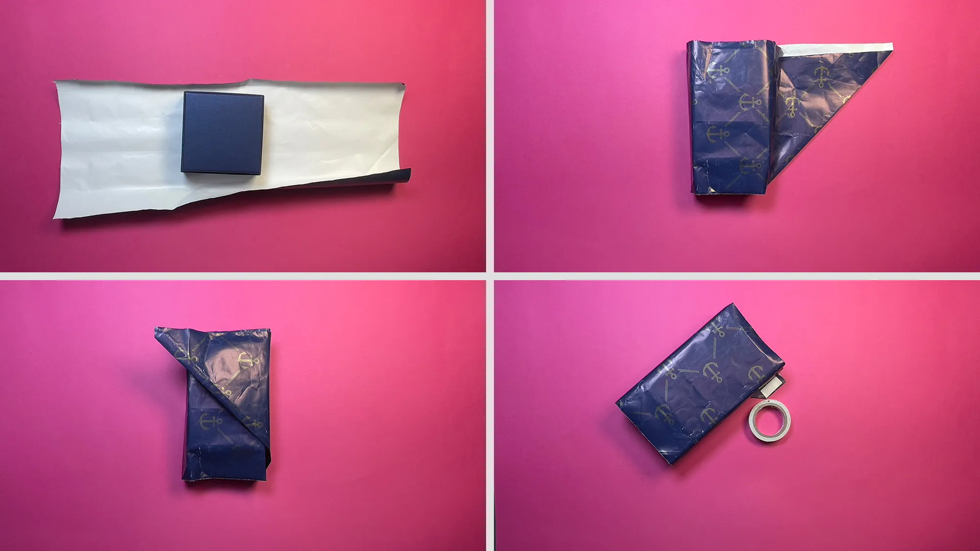Geschenk verpacken mit Notiz Schritt 1: Papier um Geschenk wickeln und kleine Tasche falten