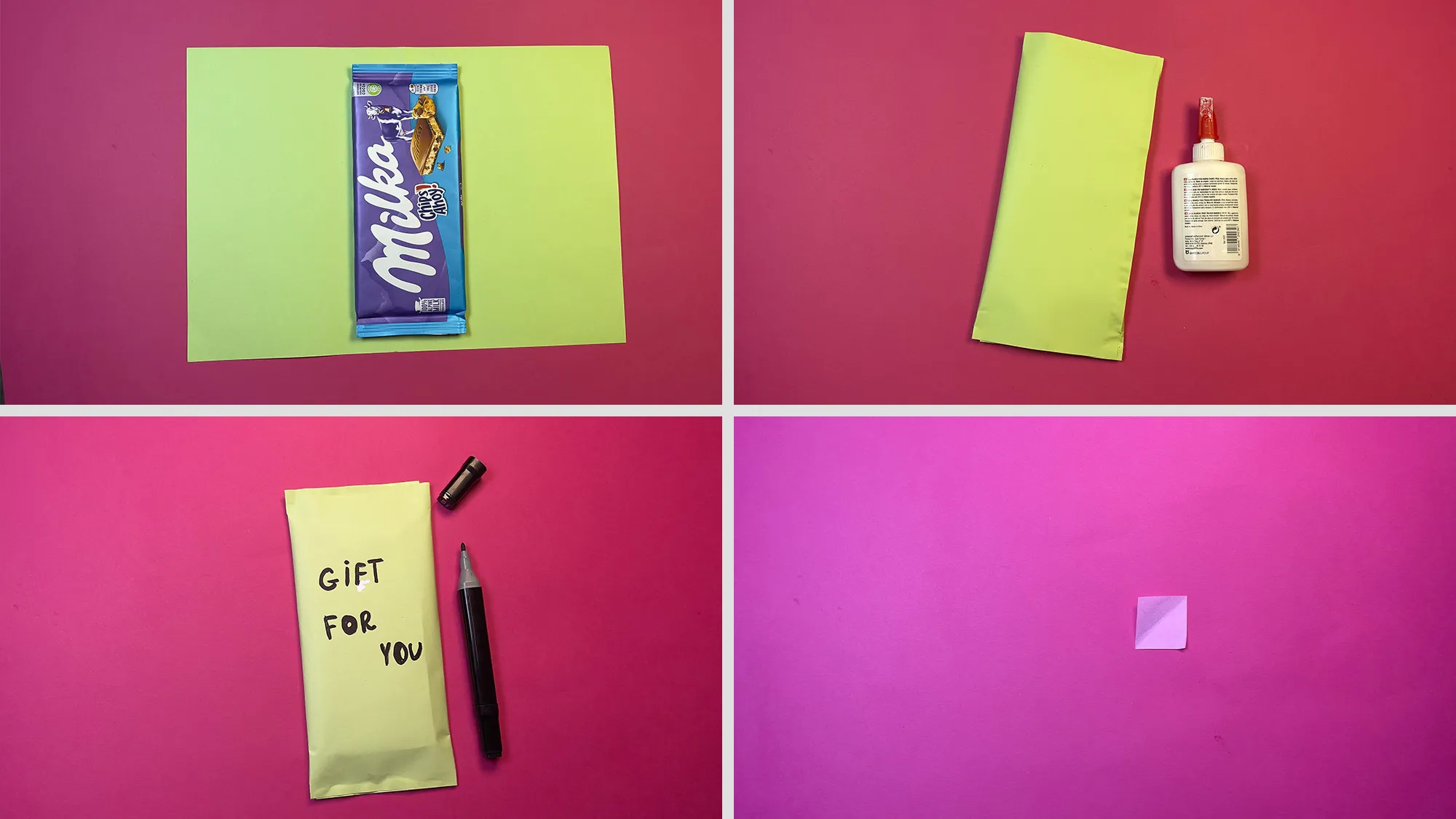 Schokoladenverpackung mit Blumen Schritt 1: Schokolade einwickeln und bunte Quadrate ausschneiden