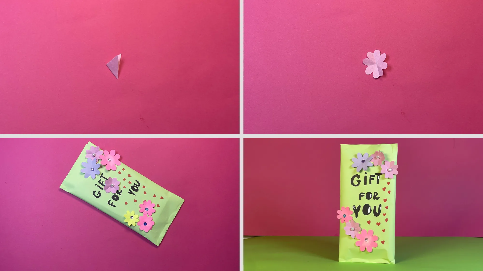 Schokoladenverpackung mit Blumen Schritt 2: Papierblumen falten und auf Verpackung kleben