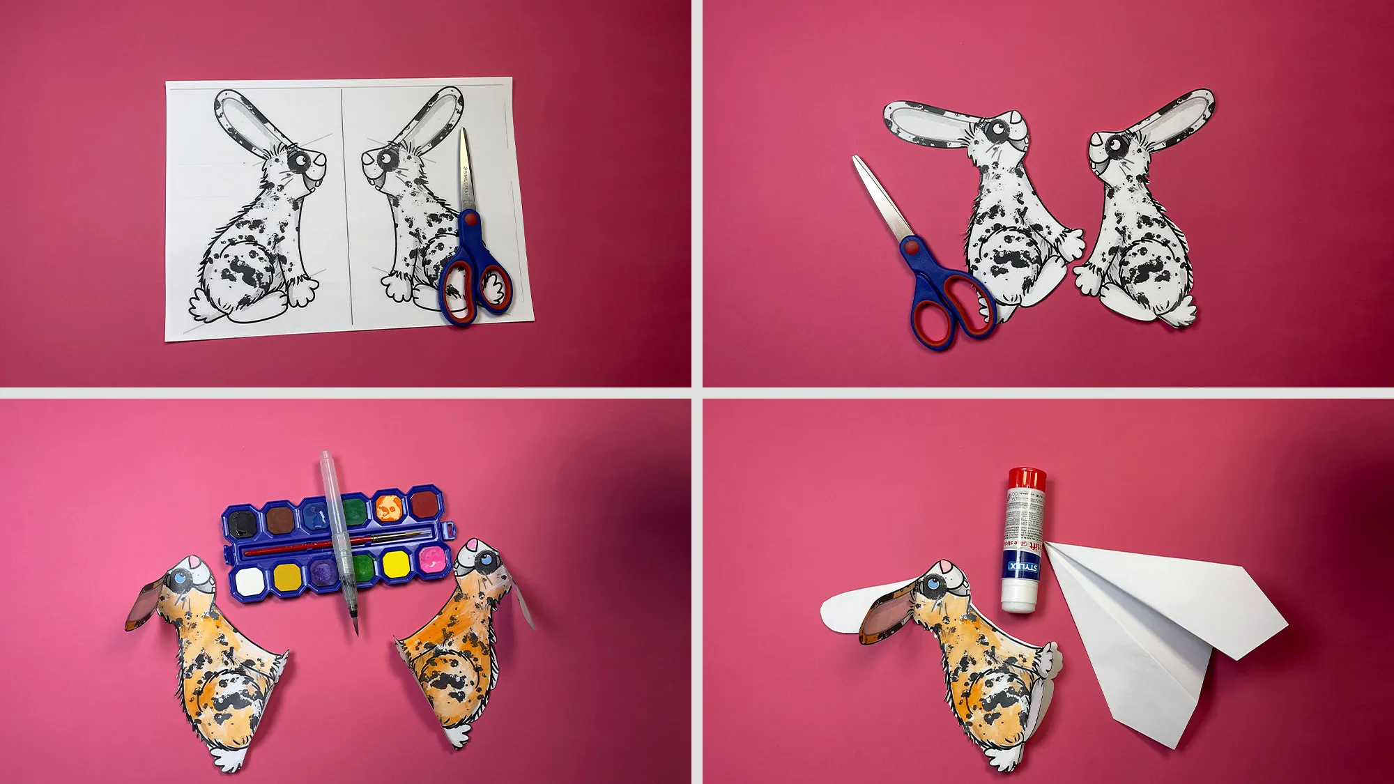 Hase auf Papierflieger Schritt 4: Ausgeschnittene Hasenteile bemalt und zusammengeklebt – Ohren und Beine frei gelassen