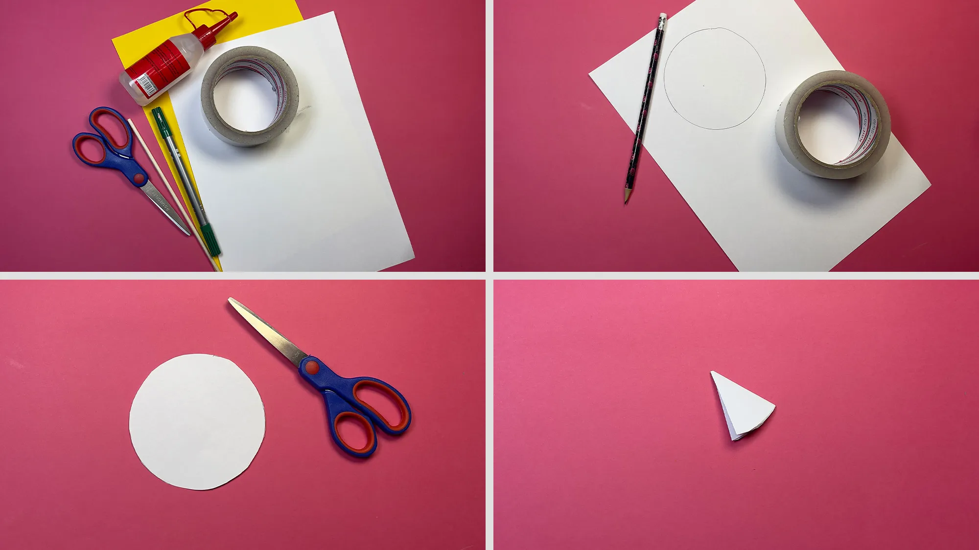 Papier-Gänseblümchen basteln Schritt 1: weißer Papierkreis mehrmals zu einem kleinen Dreieck falten