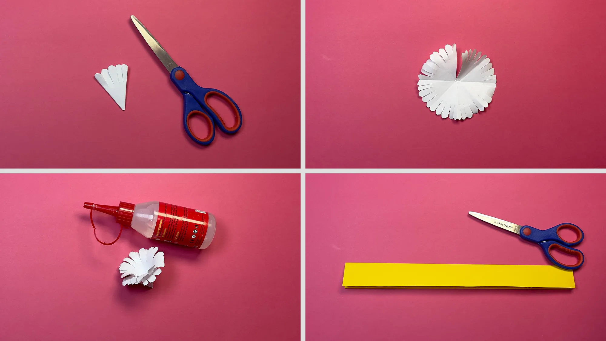 Papier-Gänseblümchen basteln Schritt 2: kleine Einschnitte am Rand des Dreiecks machen und Blütenblätter formen