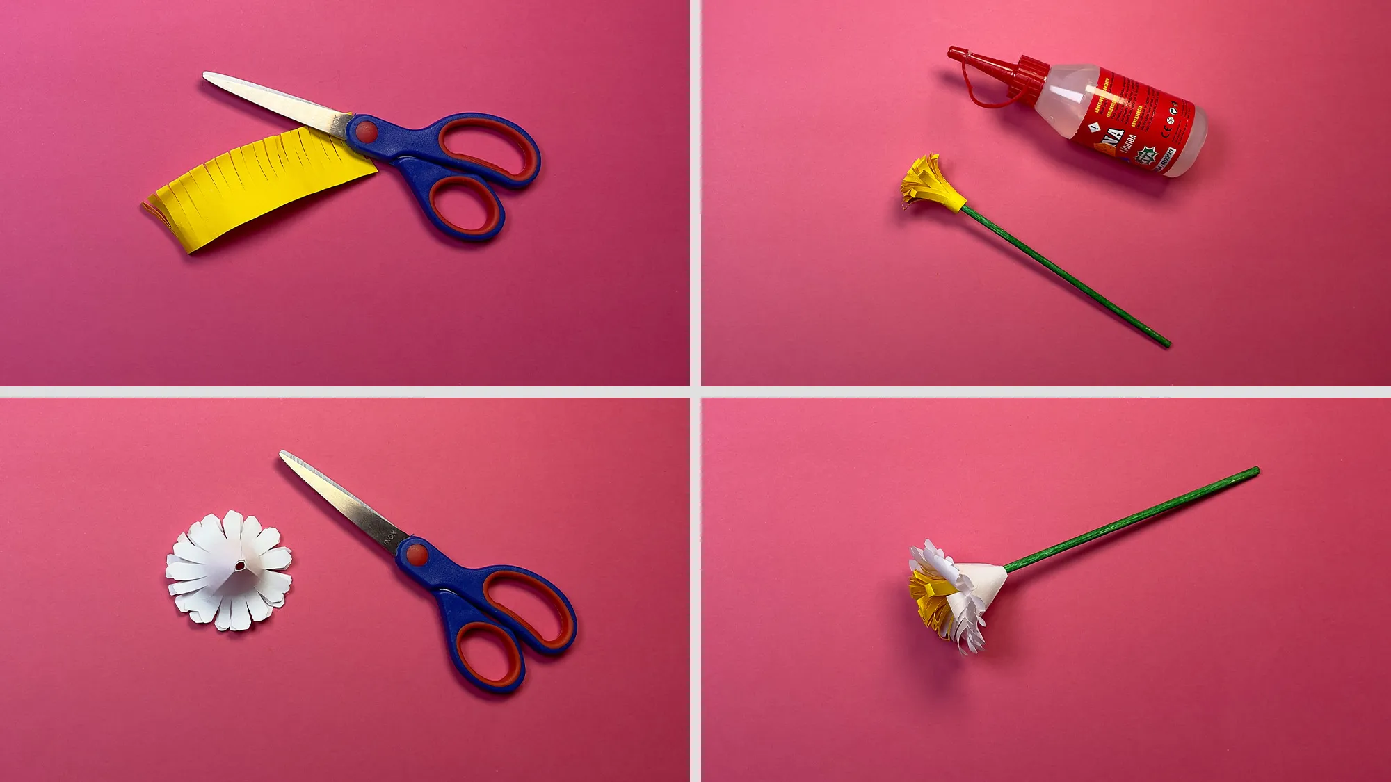 Papier-Gänseblümchen basteln Schritt 3: gelbe Blütenmitte aus Papierstreifen formen und mit weißer Blüte auf grünem Stiel befestigen