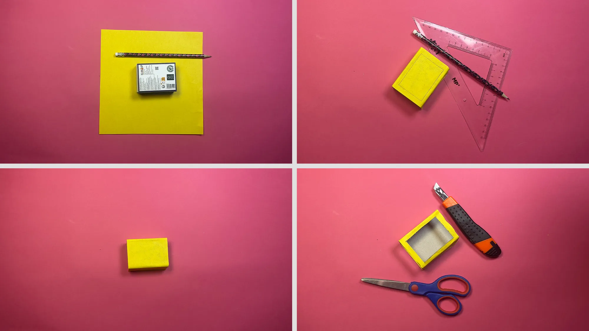 Streichholzschachtel-Autospiel basteln Schritt 2: Mit buntem Papier beklebte Streichholzschachtel mit ausgeschnittenem Rechteck als Bildschirm