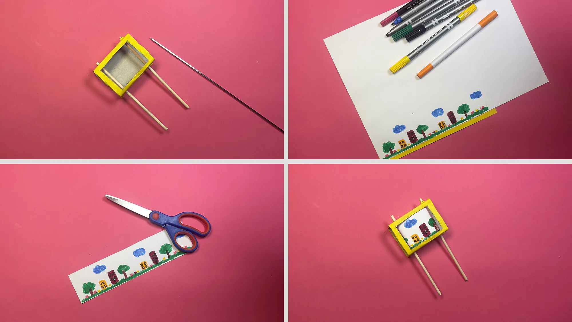 Streichholzschachtel-Autospiel basteln Schritt 3: Holzstäbchen durch Löcher in der Schachtel gesteckt, bemaltes Papier mit Klebeband an den Stäbchen befestigt