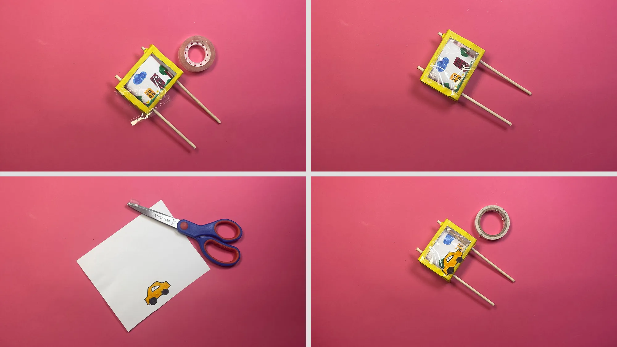 Streichholzschachtel-Autospiel basteln Schritt 4: Plastikfolie über Bildschirmöffnung geklebt, ausgeschnittenes Papierauto auf der Folie befestigt