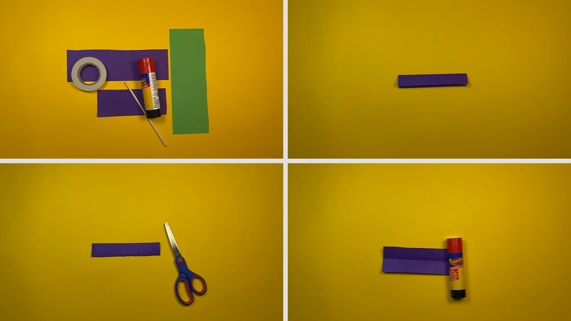 Papierblumen basteln Schritt 1: Bunte Papierrechtecke ausgeschnitten, lilafarbenes Stück gefaltet und mit Fransen versehen