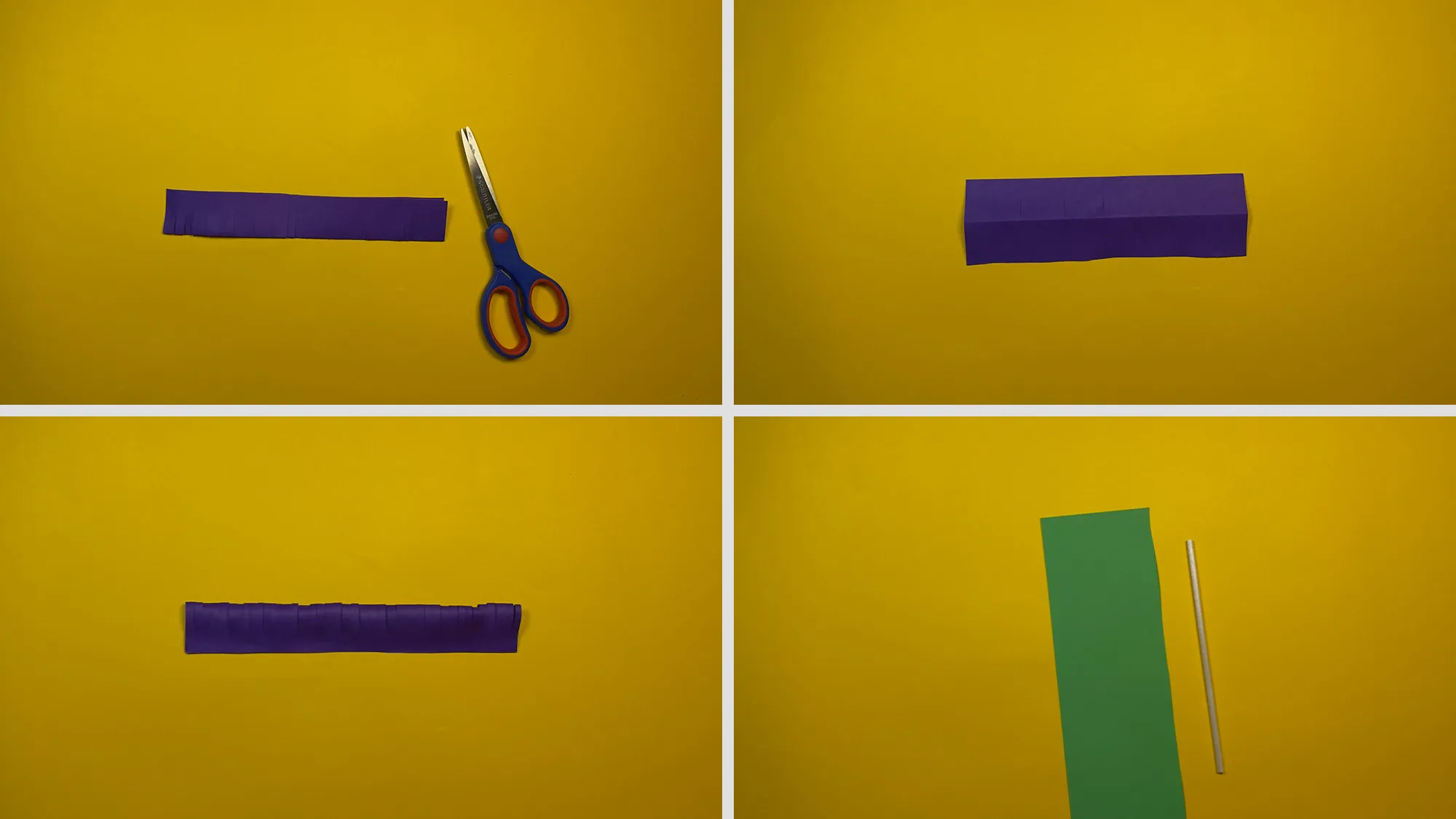 Papierblumen basteln Schritt 3: Zweiter Fransenstreifen und grüner Stiel vorbereitet