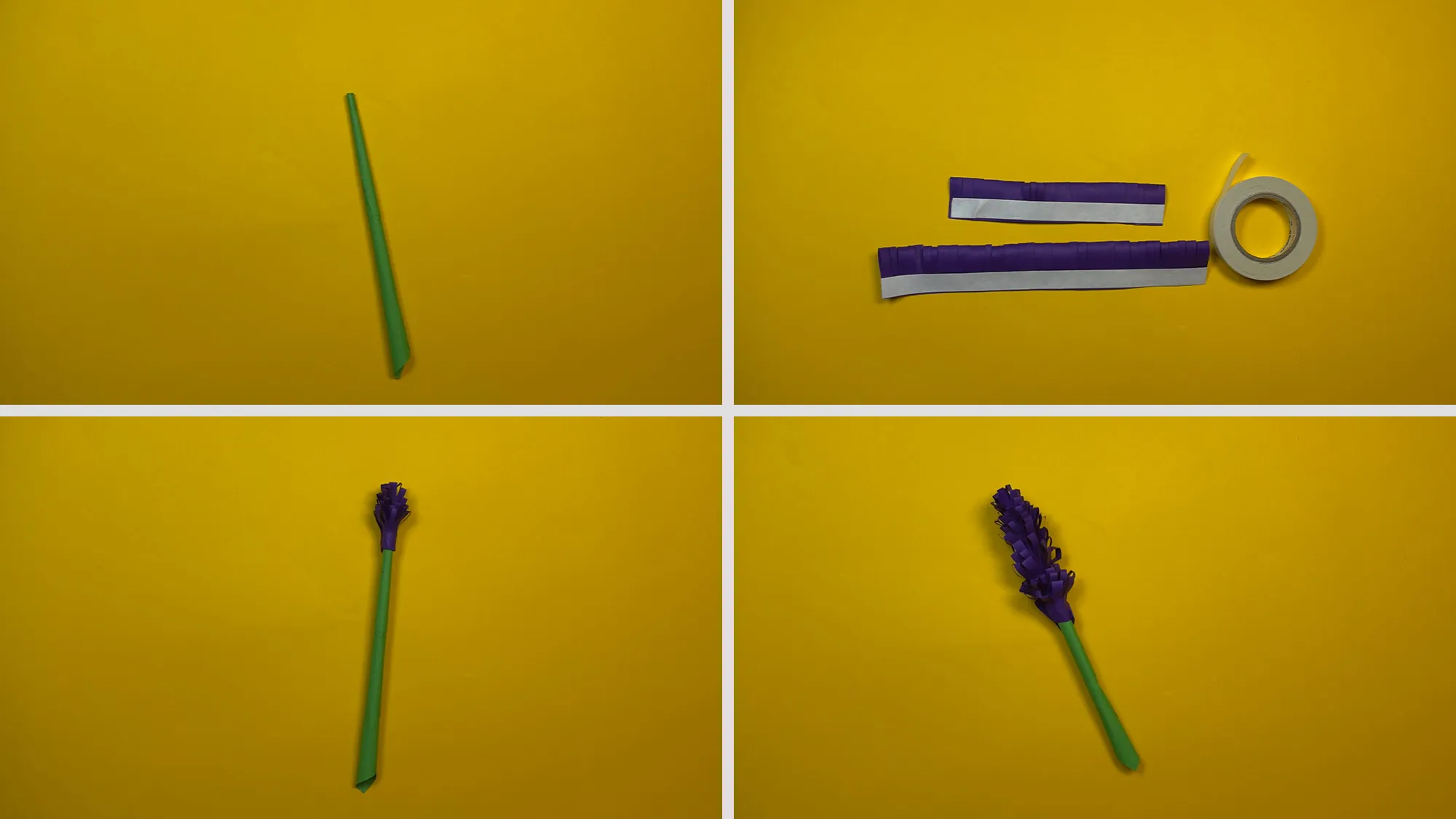 Papierblumen basteln Schritt 4: Grüner Stiel geformt, Blütenteile spiralförmig um den Stiel aufgewickelt