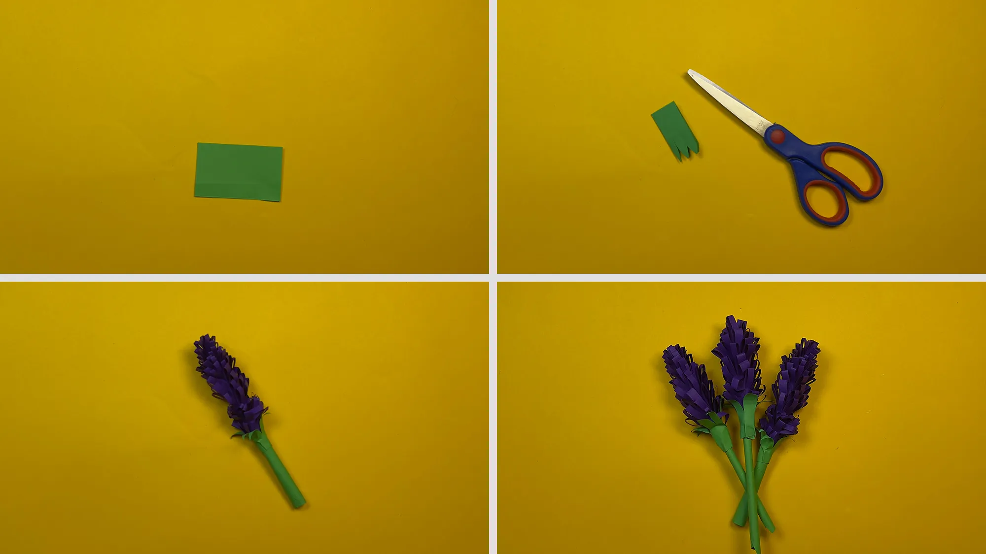 Papierblumen basteln Schritt 5: Grüne Blätter ausgeschnitten und an fertige Blume geklebt