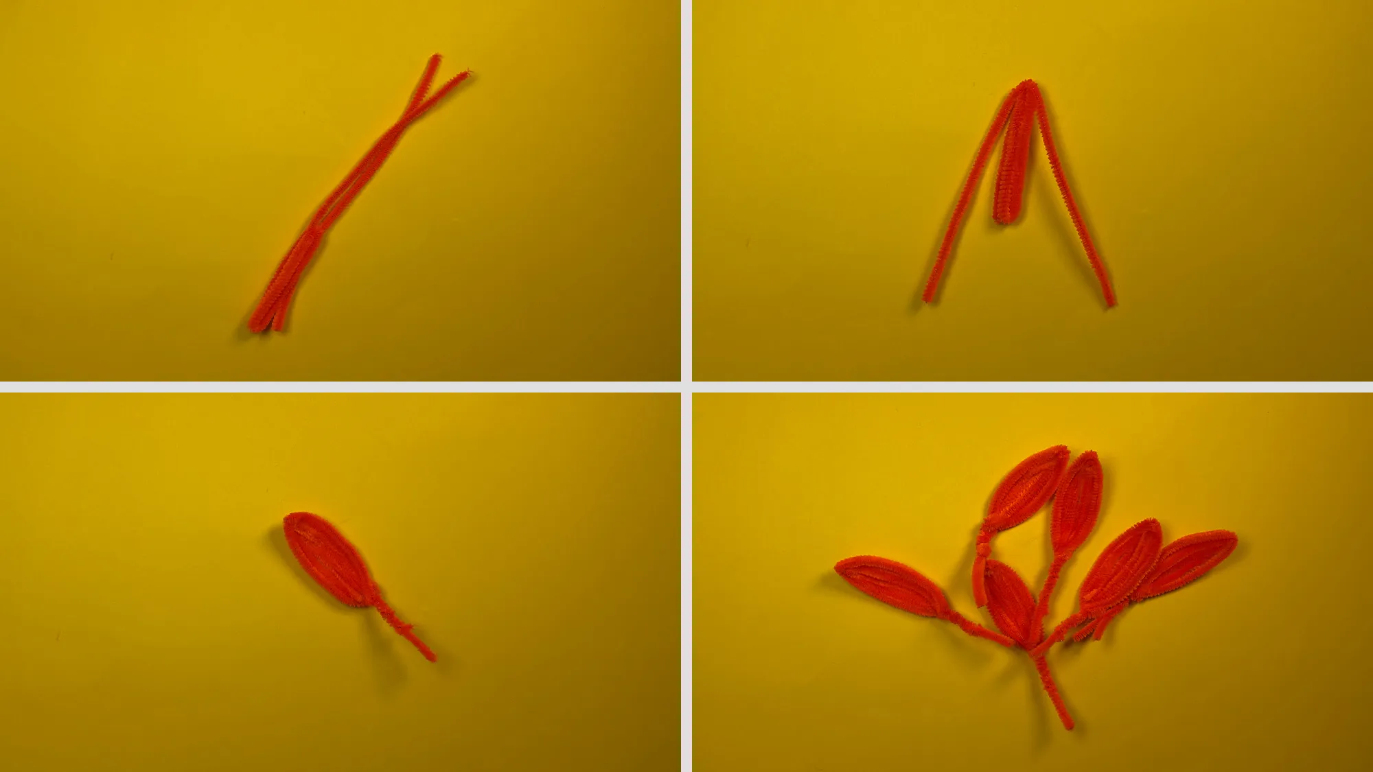 DIY Lilienblume aus Chenilledraht Schritt 2: Pfeifenputzer ineinander stecken, verdrehen und zu Blütenblättern formen, sechs Blätter zu einer Blüte verbinden