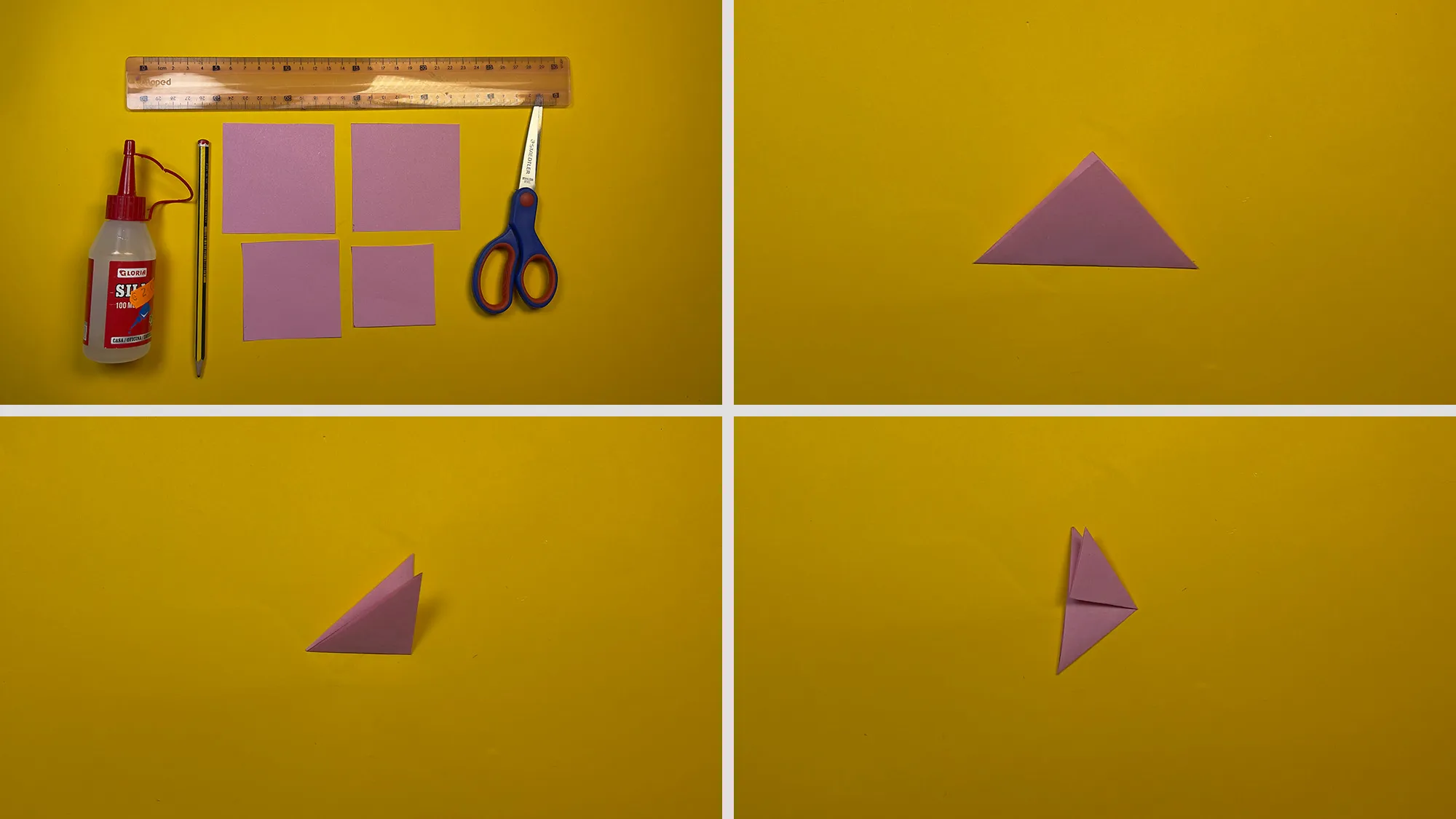 Papier-Lilie basteln Schritt 1: Vier unterschiedlich große Quadrate aus buntem Papier ausgeschnitten, ein Quadrat mehrmals zu einem Dreieck gefaltet