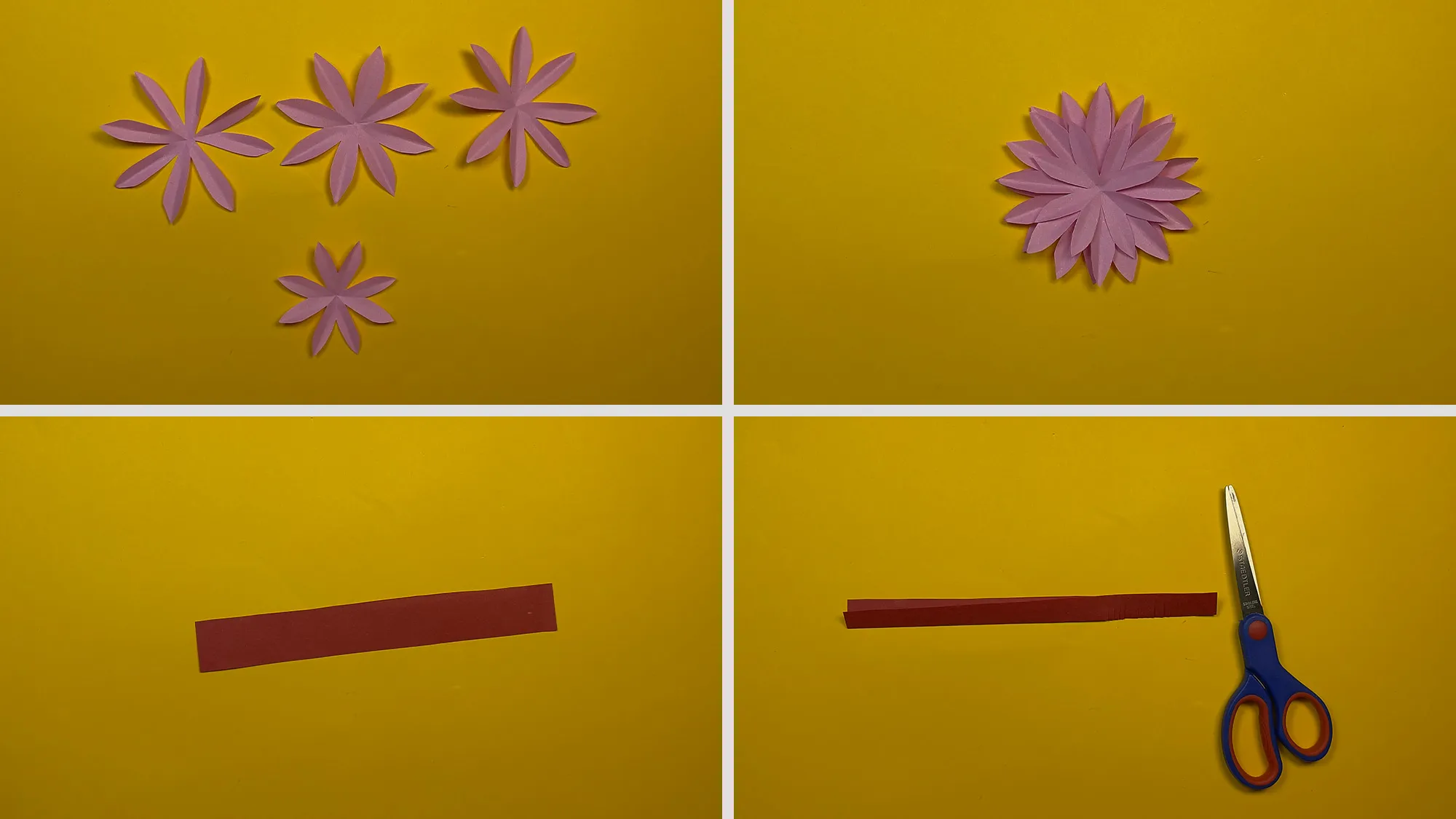 Papier-Lilie basteln Schritt 3: Knick in der Mitte jedes Blütenblatts gemacht, vier unterschiedlich große Blütenteile aufeinander gelegt und in der Mitte zusammengeklebt