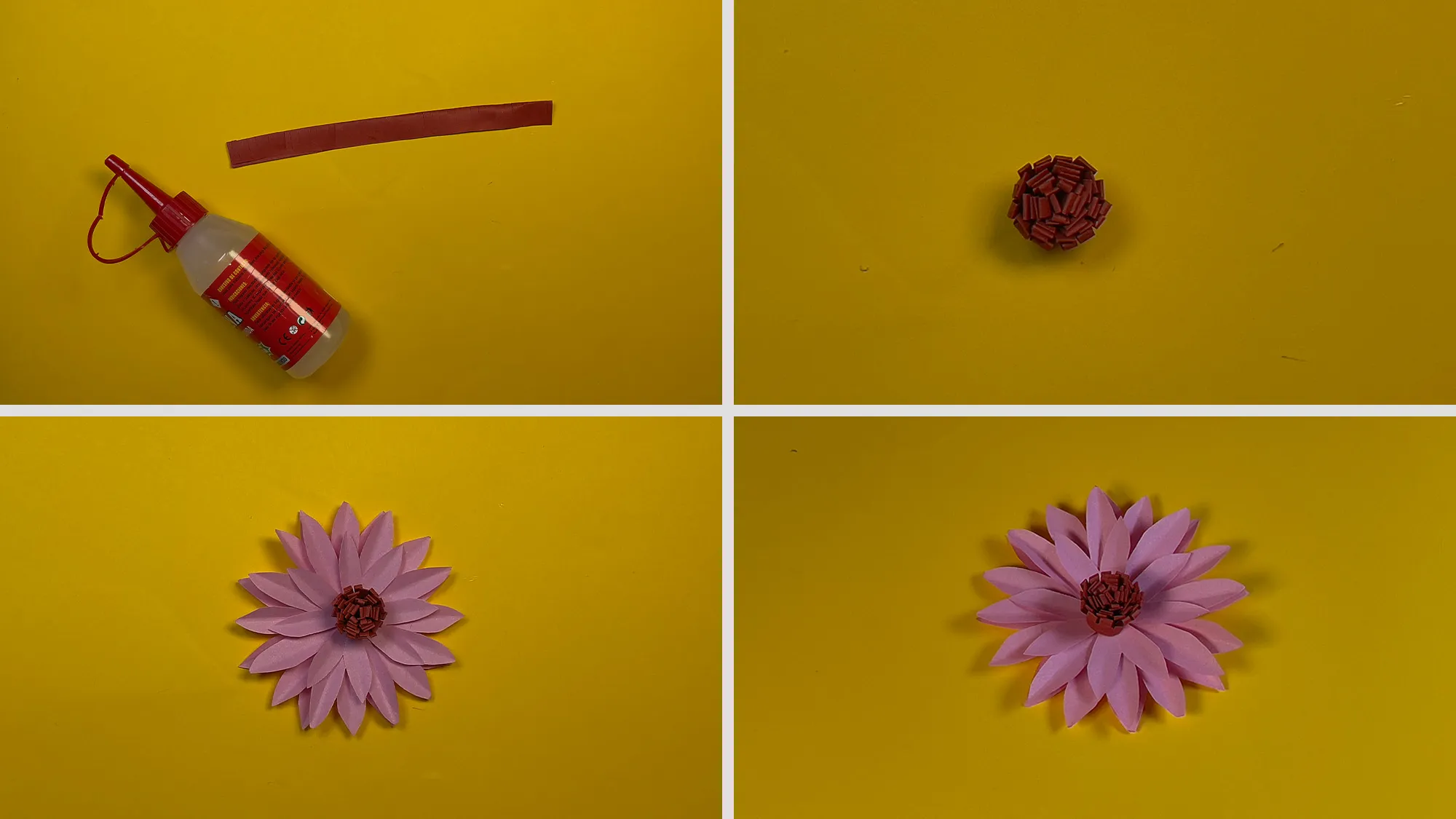 Papier-Lilie basteln Schritt 4: Andersfarbiger Papierstreifen mit Fransen gefaltet und zusammengeklebt, zu Spirale gerollt und in Blütenmitte geklebt, fertige Papier-Lilie