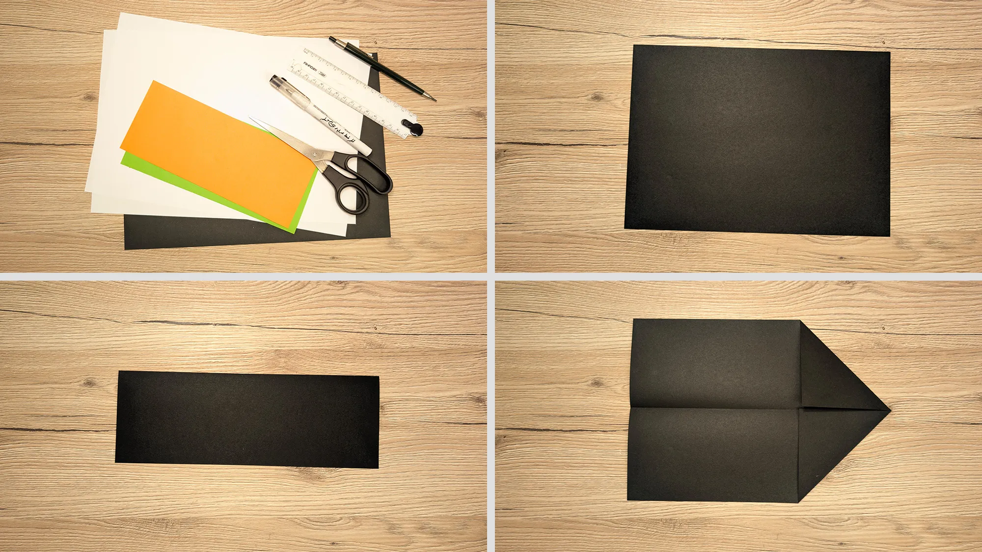 Scorpions Kunai aus Papier basteln Schritt 1: Schwarzes Blatt in der Mitte gefaltet, obere Ecken zur Mittellinie geknickt