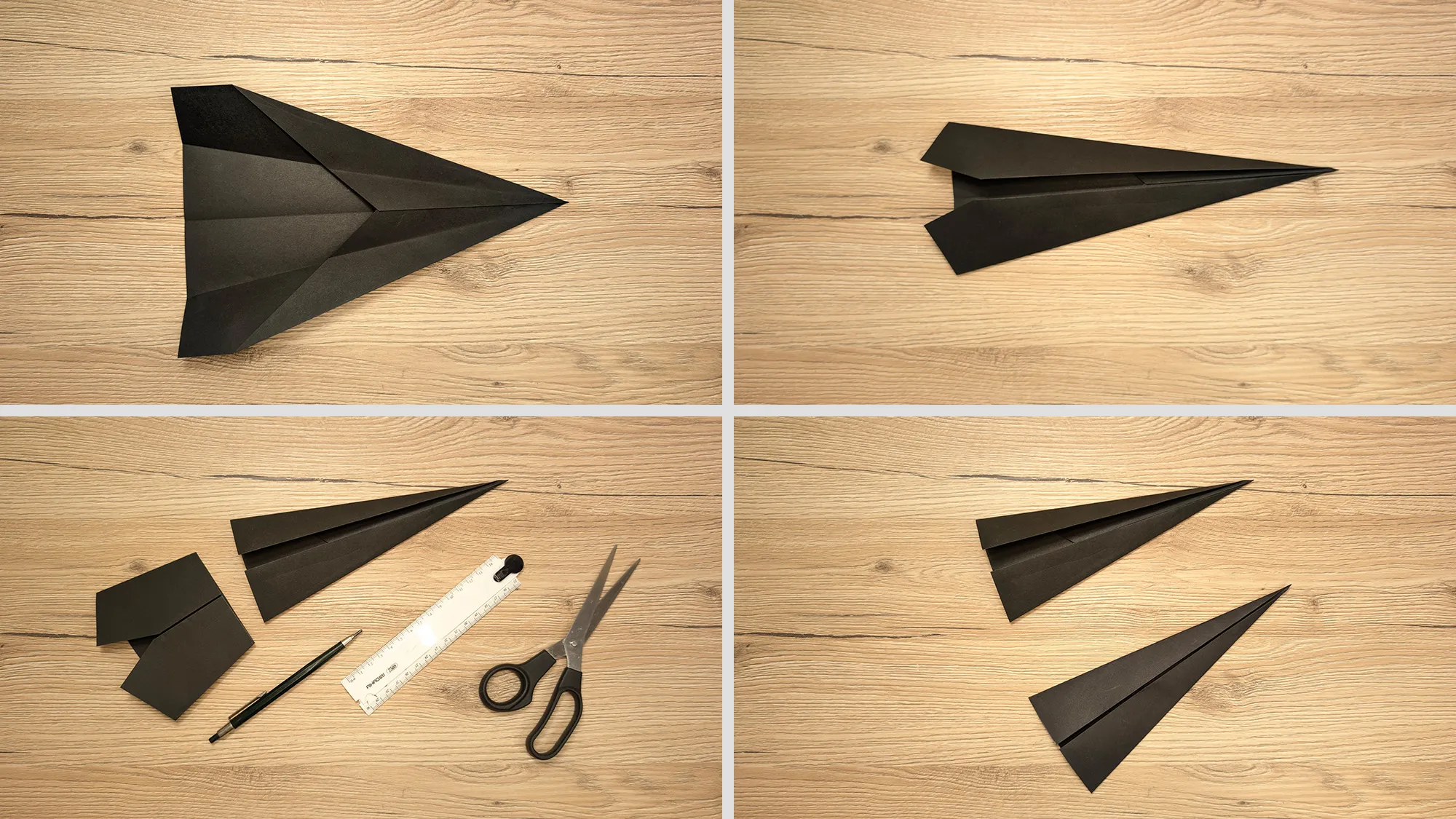 Scorpions Kunai aus Papier basteln Schritt 2: Ecken mehrmals zur Mitte gefaltet, Basis gerade abgeschnitten, zwei schwarze Dreiecke vorbereitet