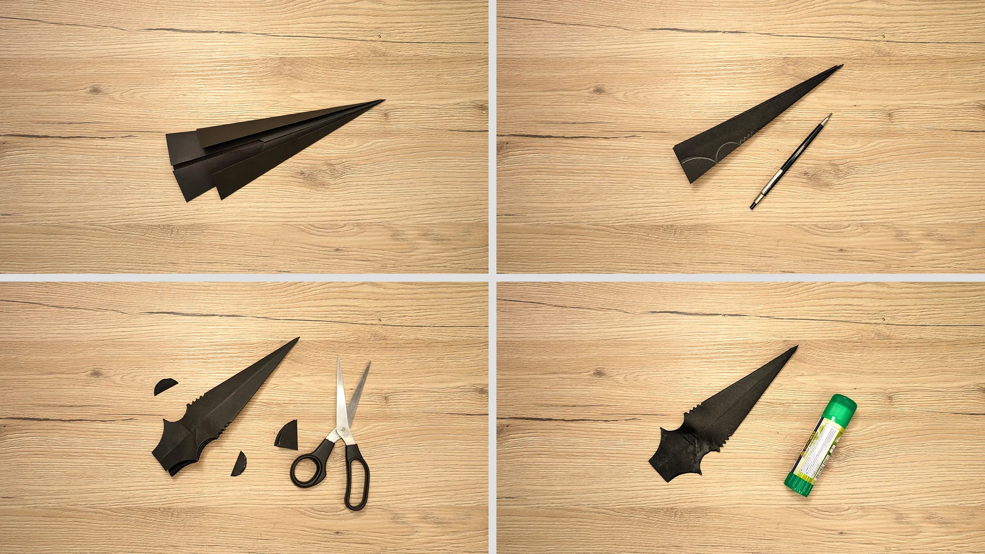 Scorpions Kunai aus Papier basteln Schritt 3: Zwei Dreiecke ineinandergesteckt, Kunai-Klingenform aufgezeichnet, ausgeschnitten und geklebt