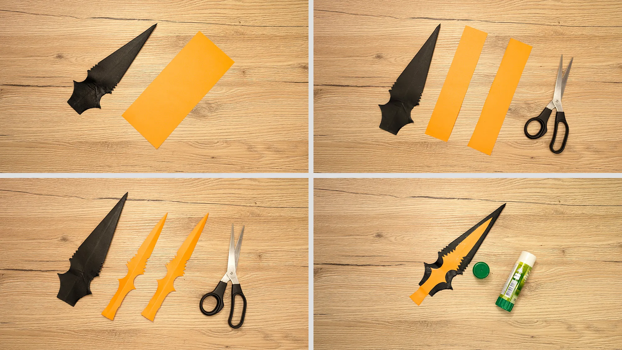 Scorpions Kunai aus Papier basteln Schritt 4: Andersfarbige Mittelteile ausgeschnitten und auf beide Seiten der Klinge geklebt