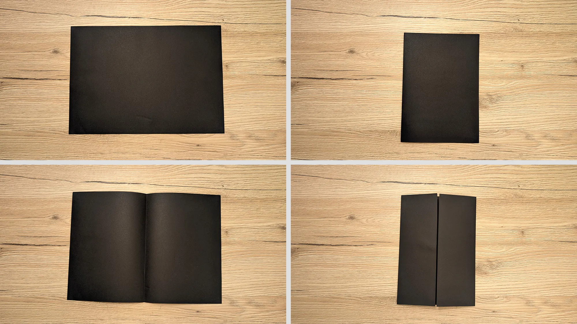 Scorpions Kunai aus Papier basteln Schritt 5: Schwarzes Blatt quer gefaltet, geöffnet und Seitenkanten zur Mittellinie gefaltet